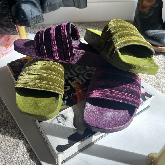 2 Pairs Adidas Adilette Purple and Green Velvet Slides - Picture 1 of 7